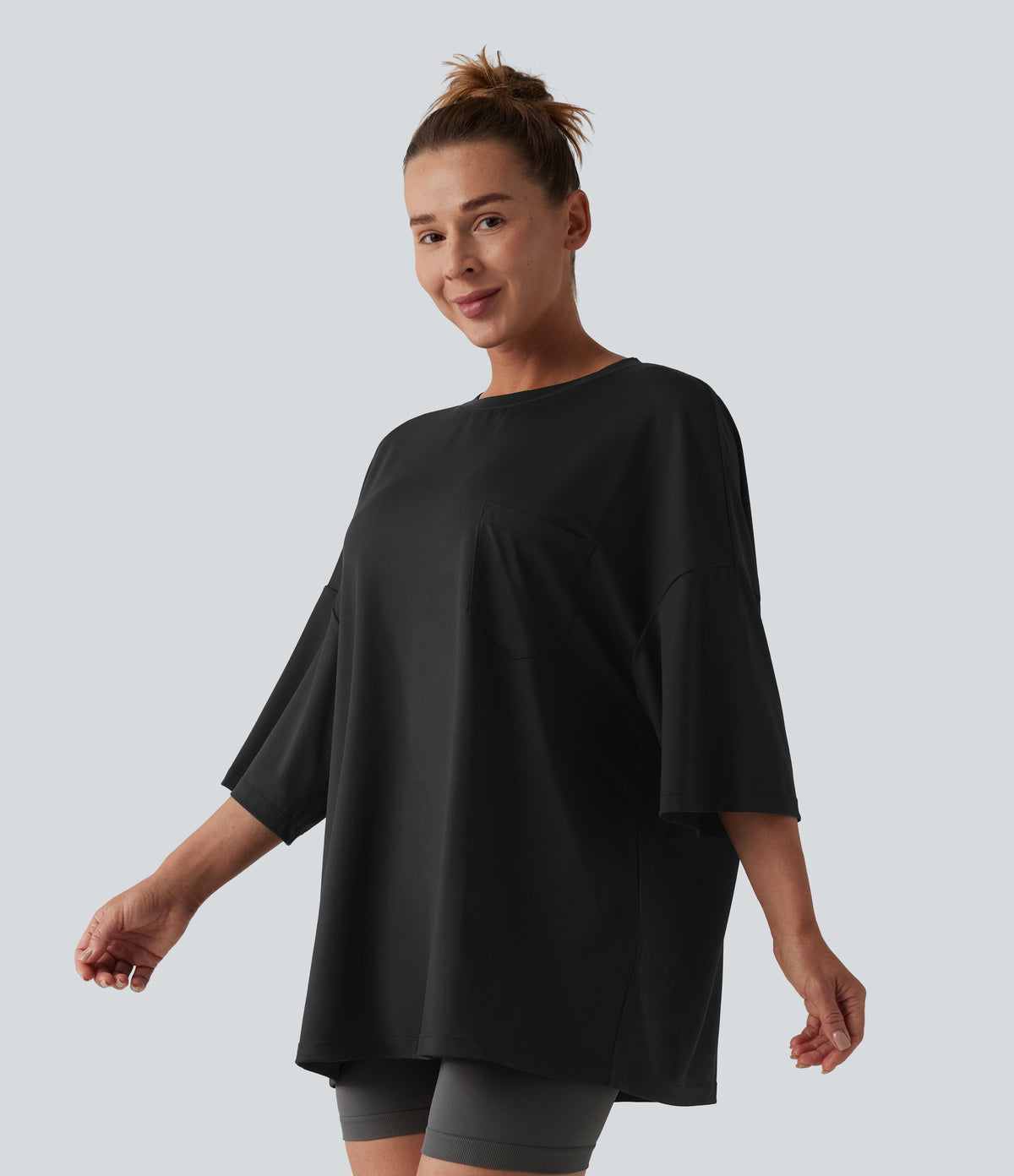 Round Neck Casual T-Shirt with Pocket — Black — view 3