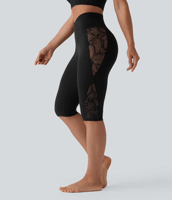 High Waisted Crossover Contrast Lace Pedal Pusher Yoga Leggings with Pocket — Black — view 1