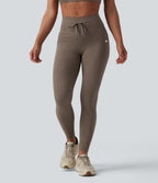 Zebra Print High Waisted Drawstring Yoga Leggings with Pockets — Mocha Wave — view 3
