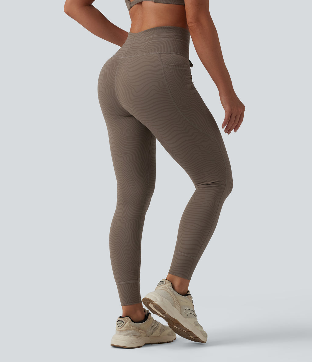 Zebra Print High Waisted Drawstring Yoga Leggings with Pockets — Mocha Wave — view 2