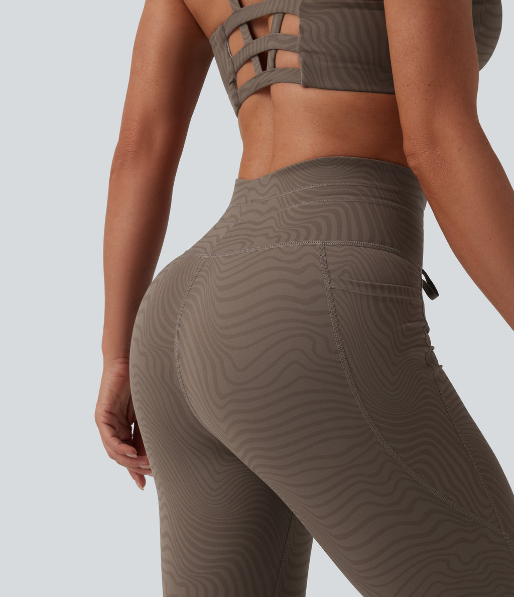 Zebra Print High Waisted Drawstring Yoga Leggings with Pockets — Mocha Wave — view 5