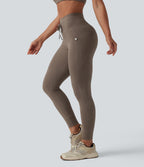 Zebra Print High Waisted Drawstring Yoga Leggings with Pockets — Mocha Wave — view 1