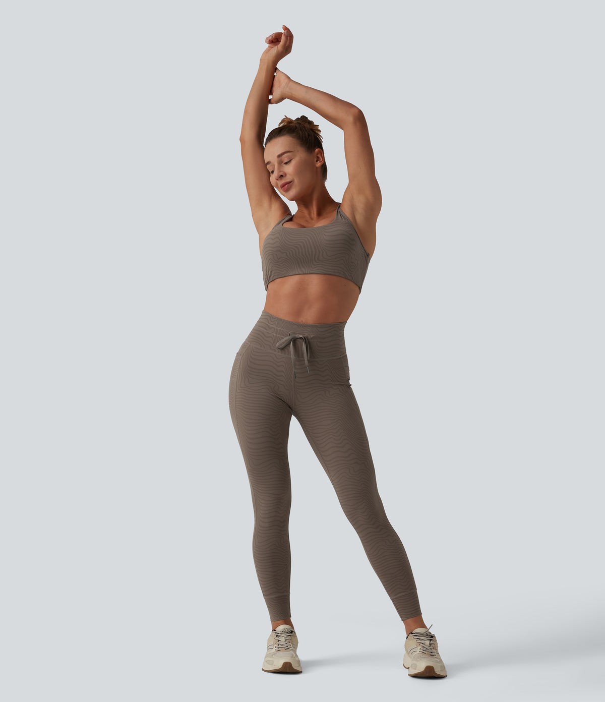 Zebra Print High Waisted Drawstring Yoga Leggings with Pockets — Mocha Wave — view 6