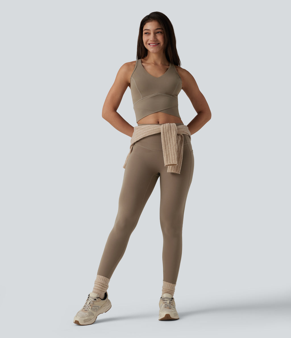 Medium Support V Neck Racerback Cropped Workout Tank Top — Dawn Brown — view 7