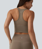 Medium Support V Neck Racerback Cropped Workout Tank Top — Dawn Brown — view 6