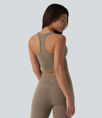 Medium Support V Neck Racerback Cropped Workout Tank Top — Dawn Brown — view 2