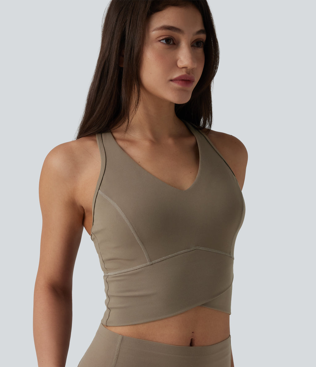 Medium Support V Neck Racerback Cropped Workout Tank Top — Dawn Brown — view 1
