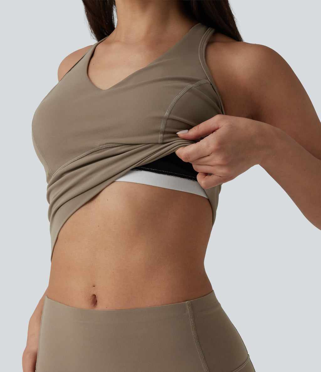 Medium Support V Neck Racerback Cropped Workout Tank Top — Dawn Brown — view 5