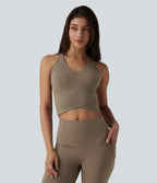 Medium Support V Neck Racerback Cropped Workout Tank Top — Dawn Brown — view 3