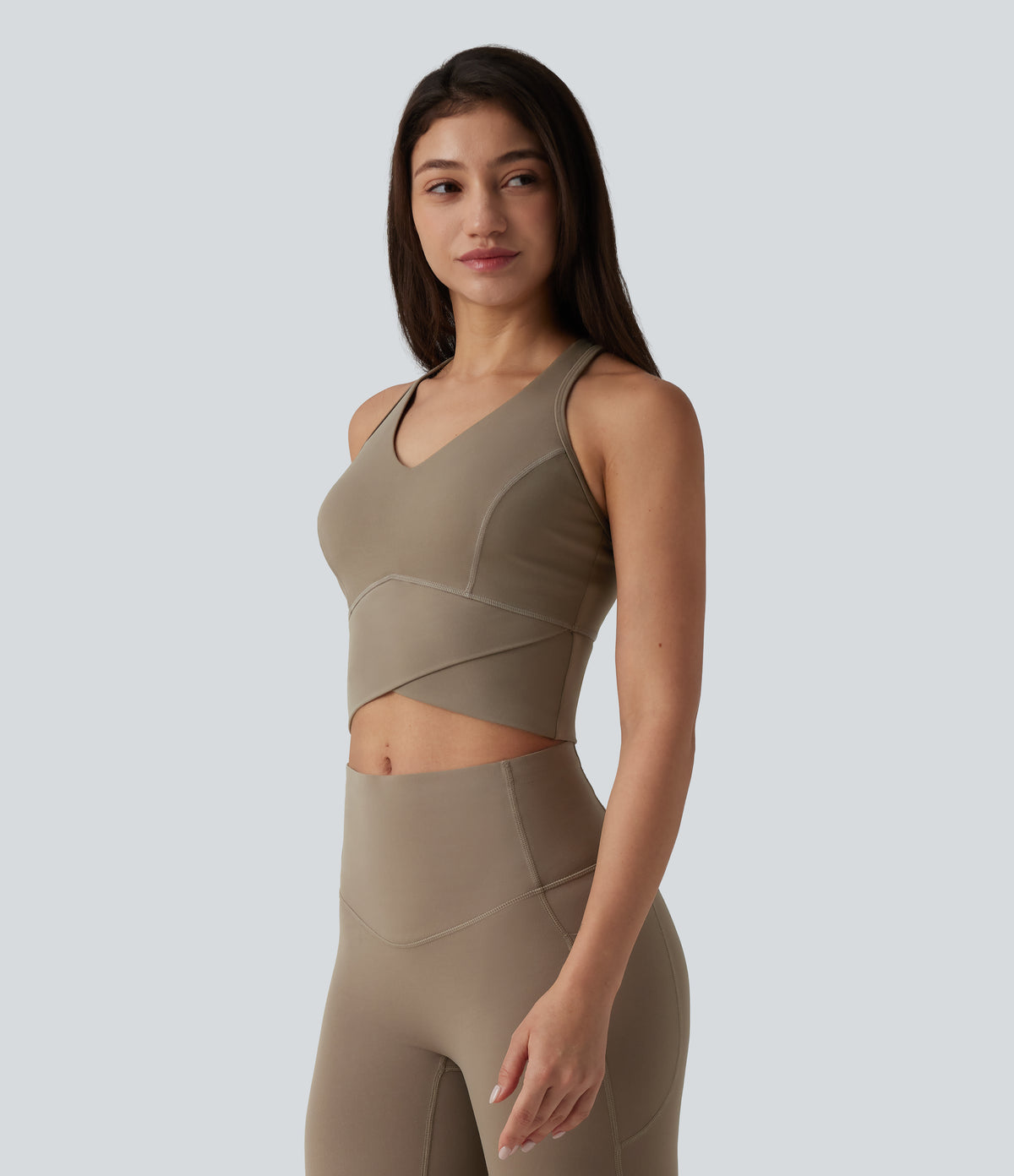 Medium Support V Neck Racerback Cropped Workout Tank Top — Dawn Brown — view 4
