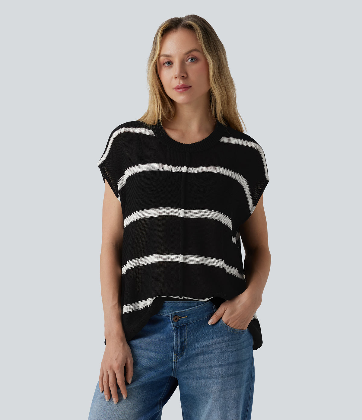 Rounded Neck Sleeveless Stripe Casual Jumper — Obsidian Ivory Track Stripe — view 1