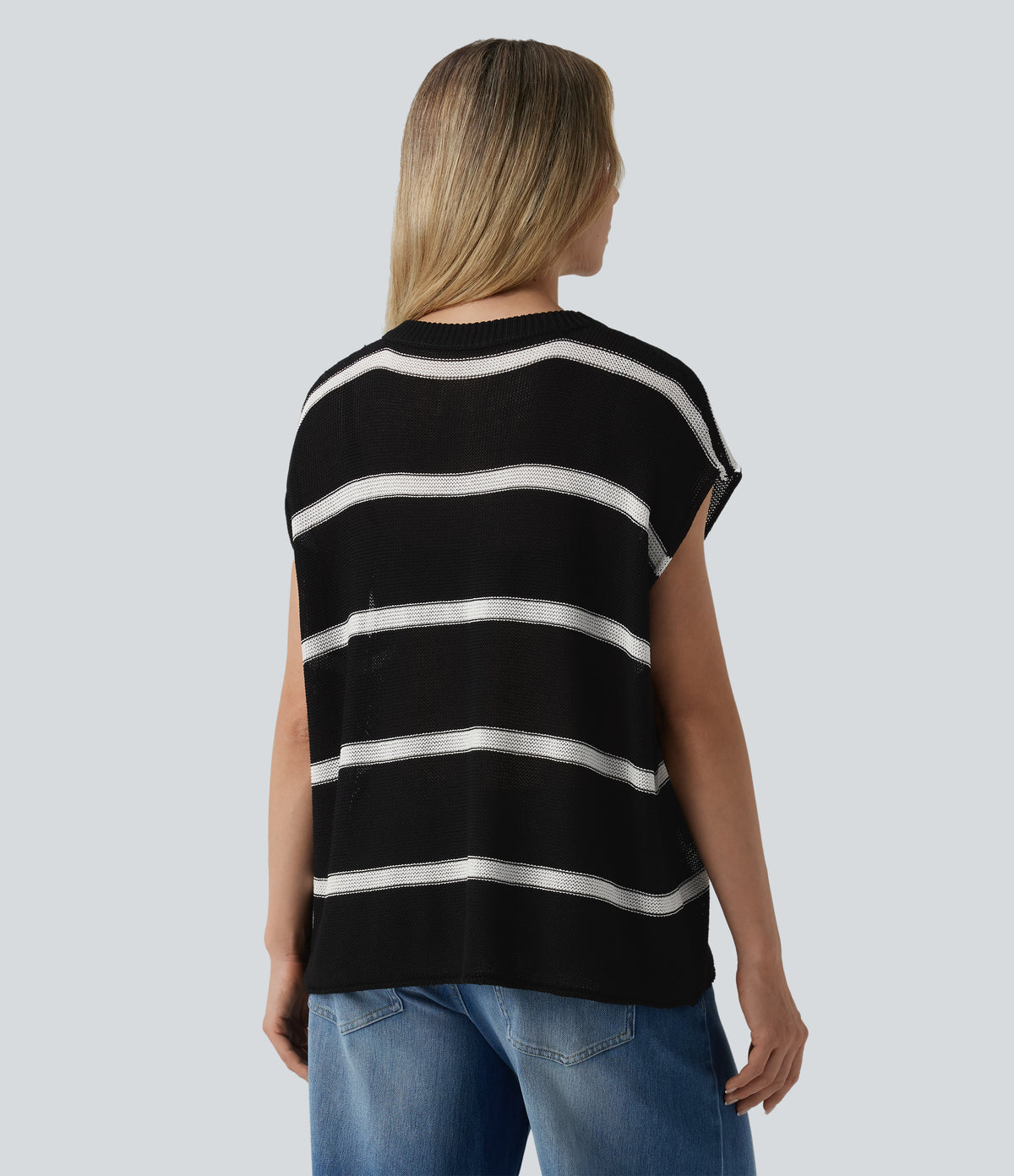 Rounded Neck Sleeveless Stripe Casual Jumper — Obsidian Ivory Track Stripe — view 2