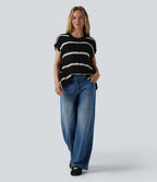 Rounded Neck Sleeveless Stripe Casual Jumper — Obsidian Ivory Track Stripe — view 6