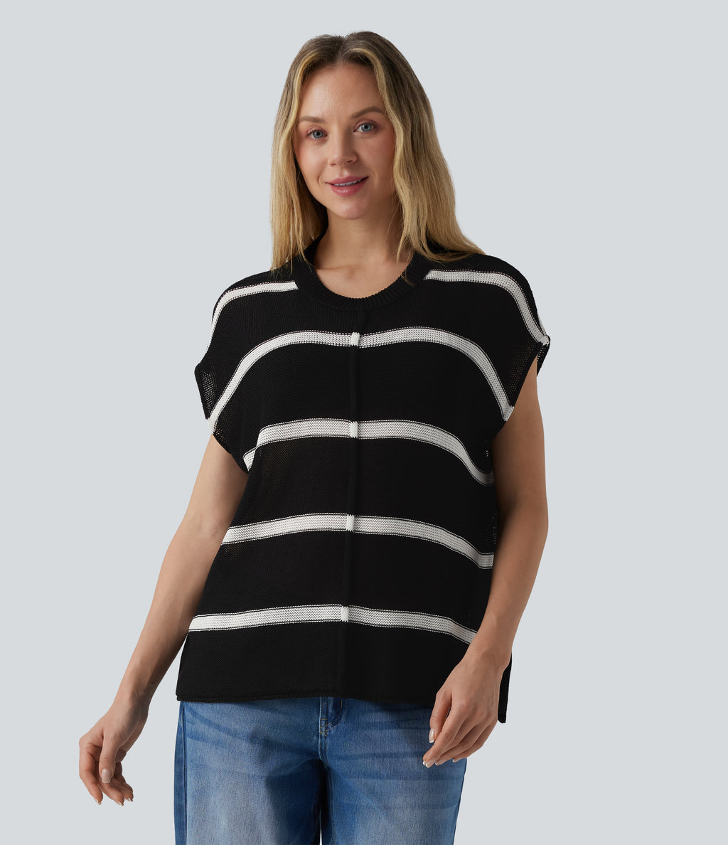 Rounded Neck Sleeveless Stripe Casual Jumper — Obsidian Ivory Track Stripe — view 5