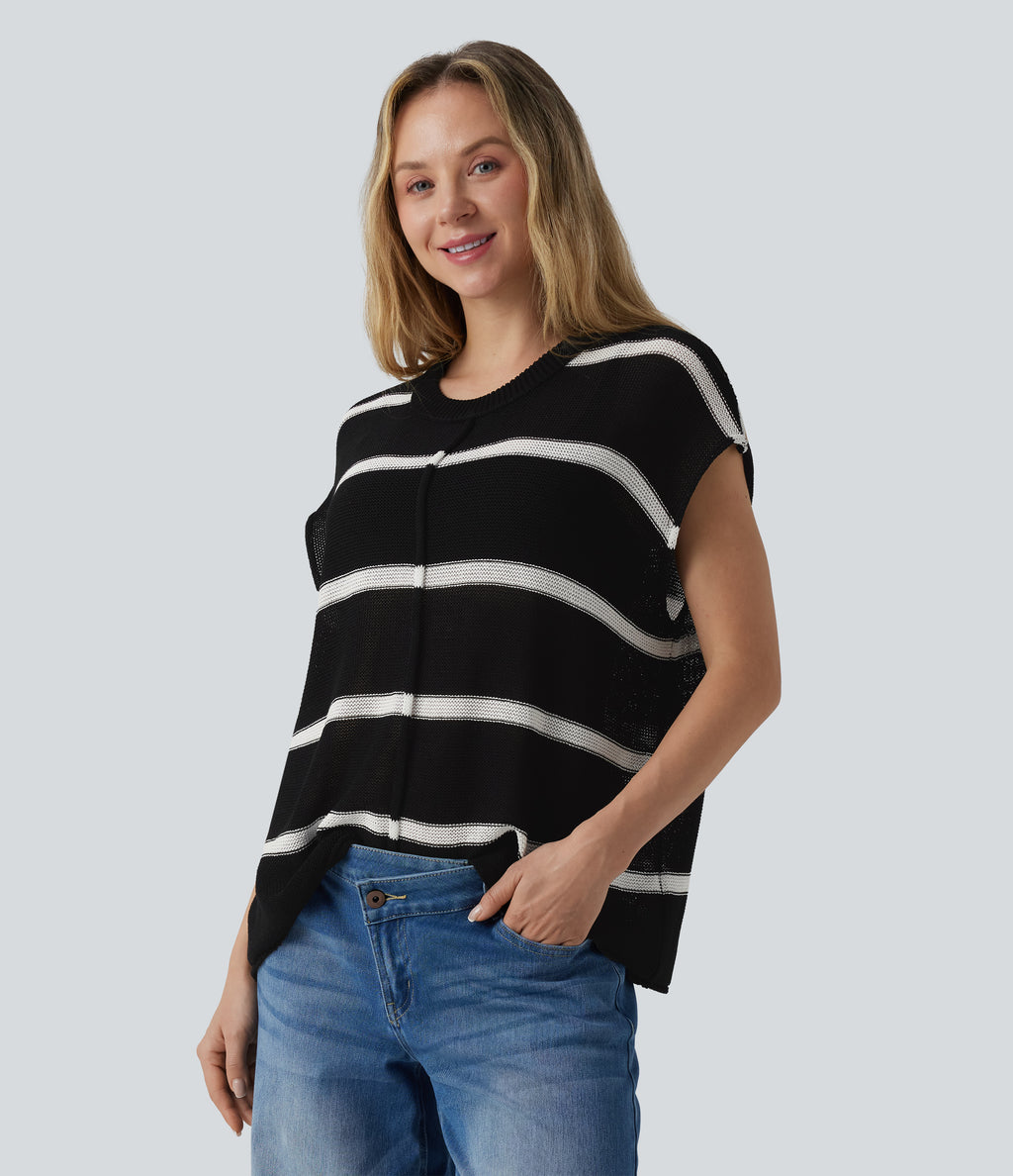 Rounded Neck Sleeveless Stripe Casual Jumper — Obsidian Ivory Track Stripe — view 3