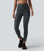 Check Plaid Print High Waisted Drawstring Yoga Leggings with Pockets — Storm Gray Check Plaid — view 3