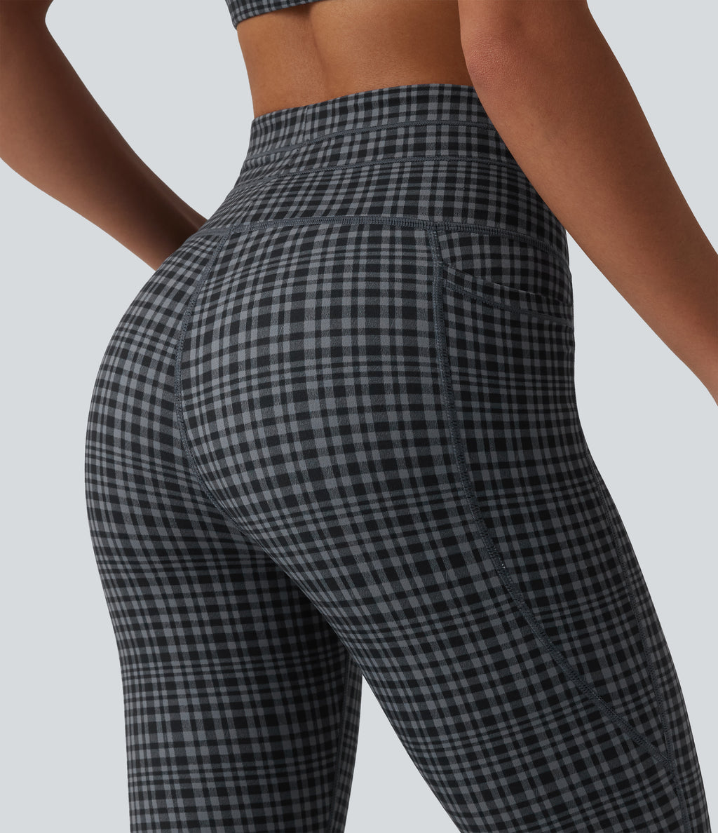 Check Plaid Print High Waisted Drawstring Yoga Leggings with Pockets — Storm Gray Check Plaid — view 5