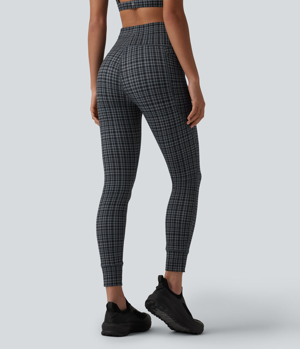 Check Plaid Print High Waisted Drawstring Yoga Leggings with Pockets — Storm Gray Check Plaid — view 2