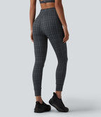Check Plaid Print High Waisted Drawstring Yoga Leggings with Pockets — Storm Gray Check Plaid — view 2