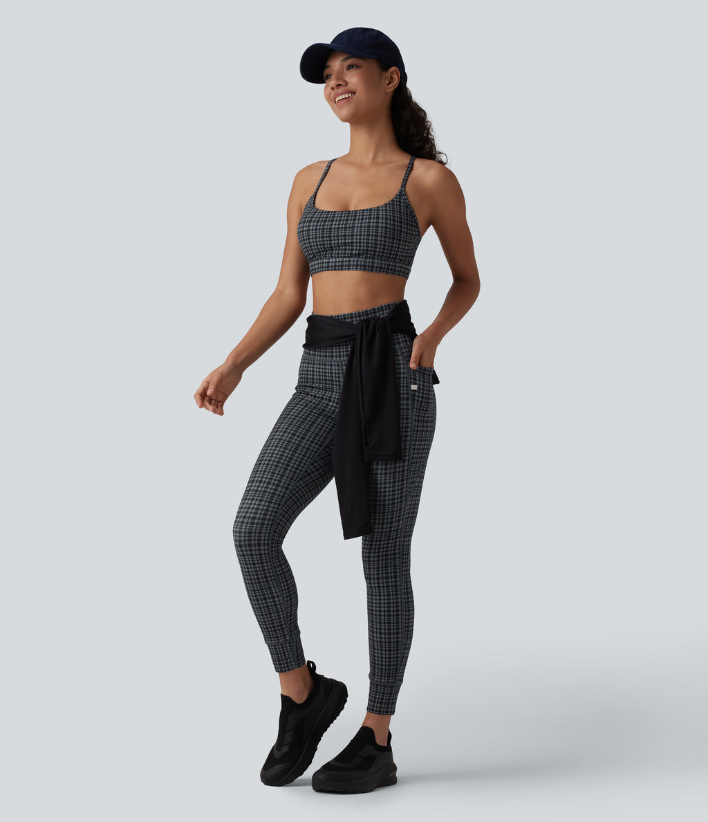 Check Plaid Print High Waisted Drawstring Yoga Leggings with Pockets — Storm Gray Check Plaid — view 7