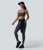 Check Plaid Print High Waisted Drawstring Yoga Leggings with Pockets — Storm Gray Check Plaid — view 7