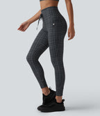 Check Plaid Print High Waisted Drawstring Yoga Leggings with Pockets — Storm Gray Check Plaid — view 1
