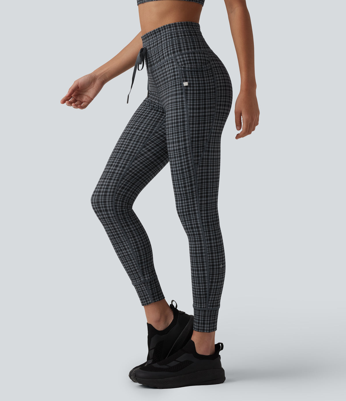 Check Plaid Print High Waisted Drawstring Yoga Leggings with Pockets — Storm Gray Check Plaid — view 1