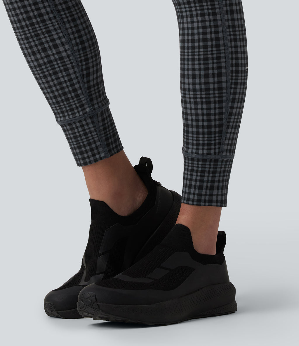 Check Plaid Print High Waisted Drawstring Yoga Leggings with Pockets — Storm Gray Check Plaid — view 6
