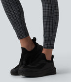 Check Plaid Print High Waisted Drawstring Yoga Leggings with Pockets — Storm Gray Check Plaid — view 6