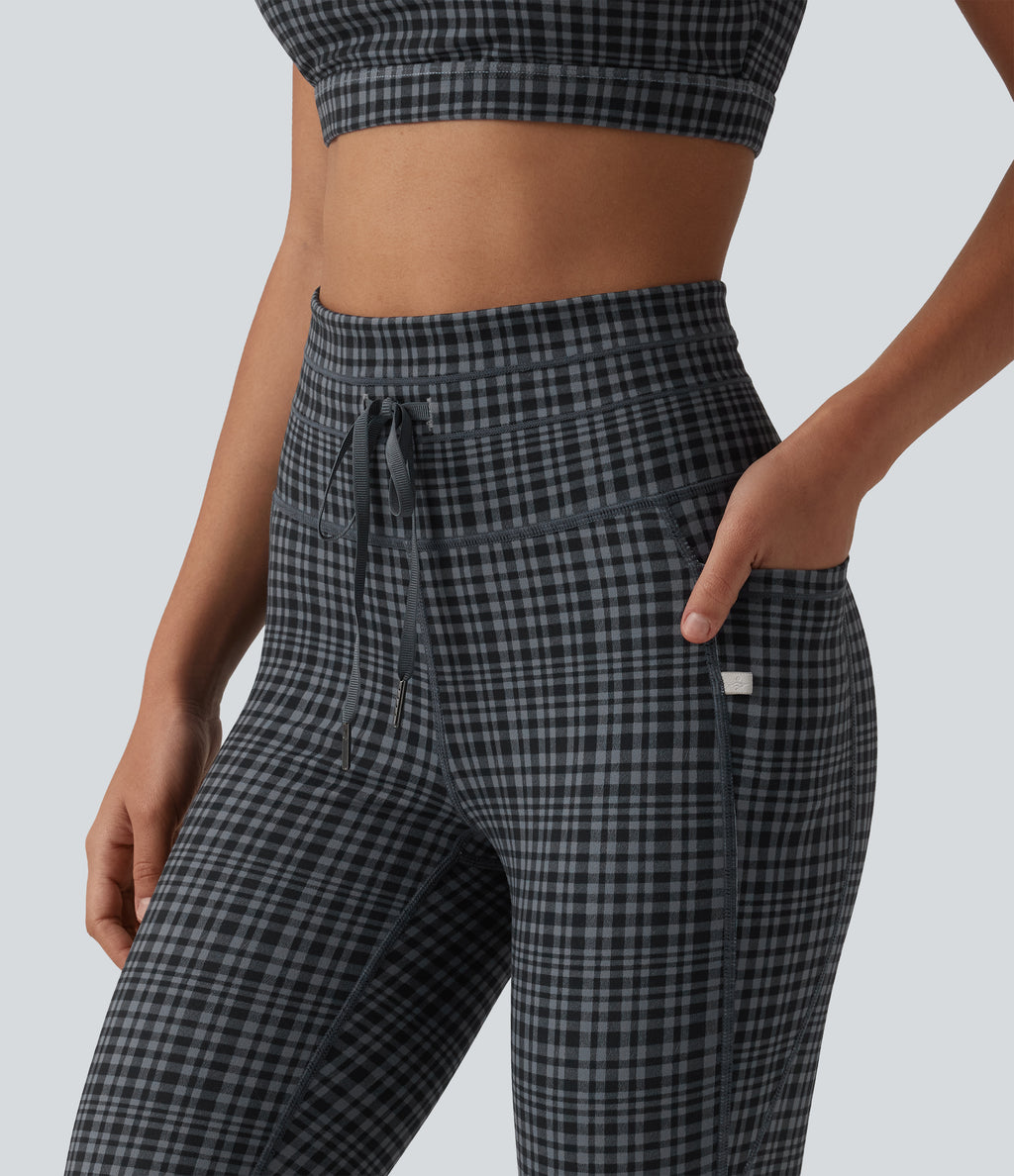 Check Plaid Print High Waisted Drawstring Yoga Leggings with Pockets — Storm Gray Check Plaid — view 4