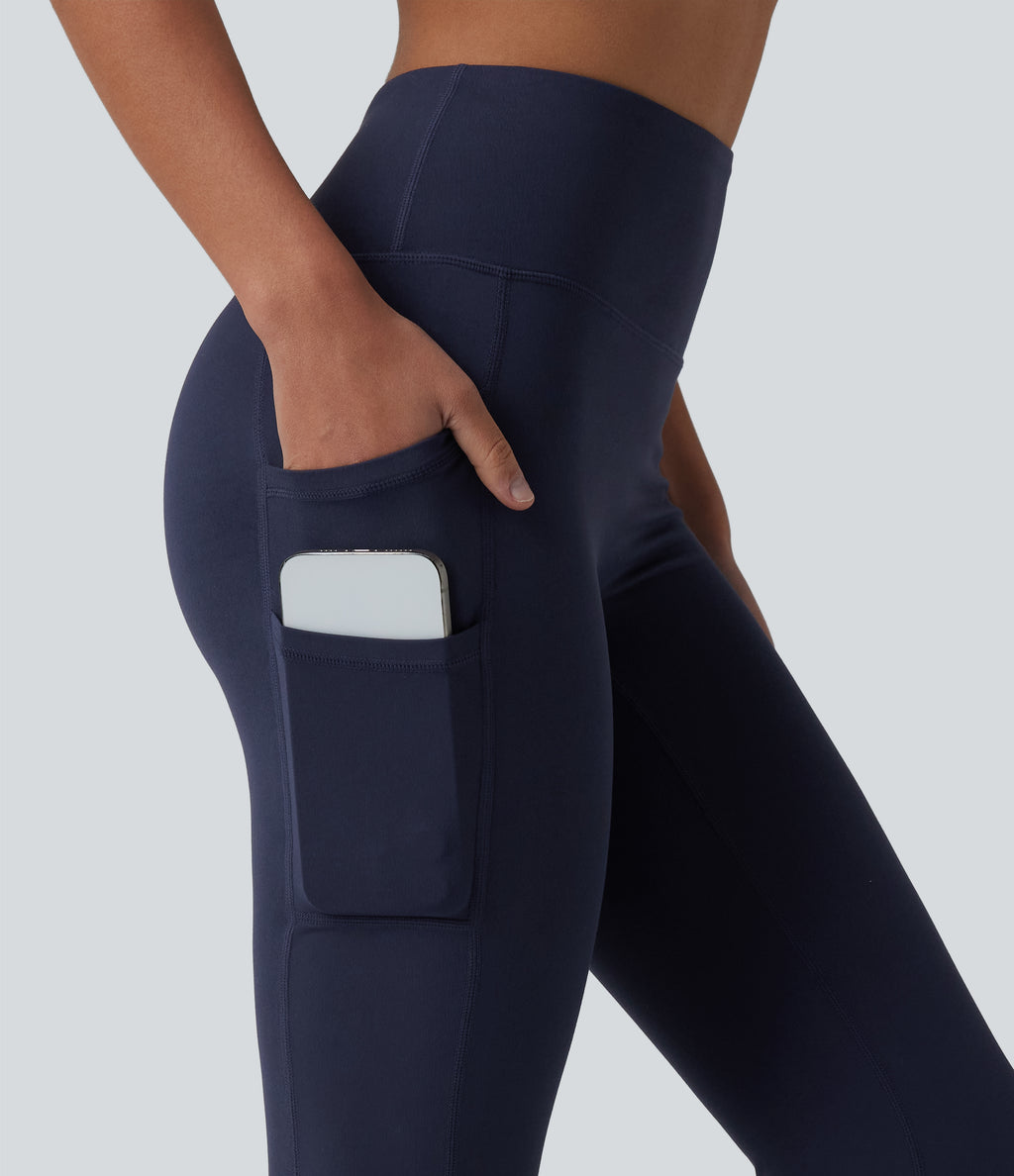 High Waisted Bootcut Yoga Leggings with Pockets — Peacoat — view 4