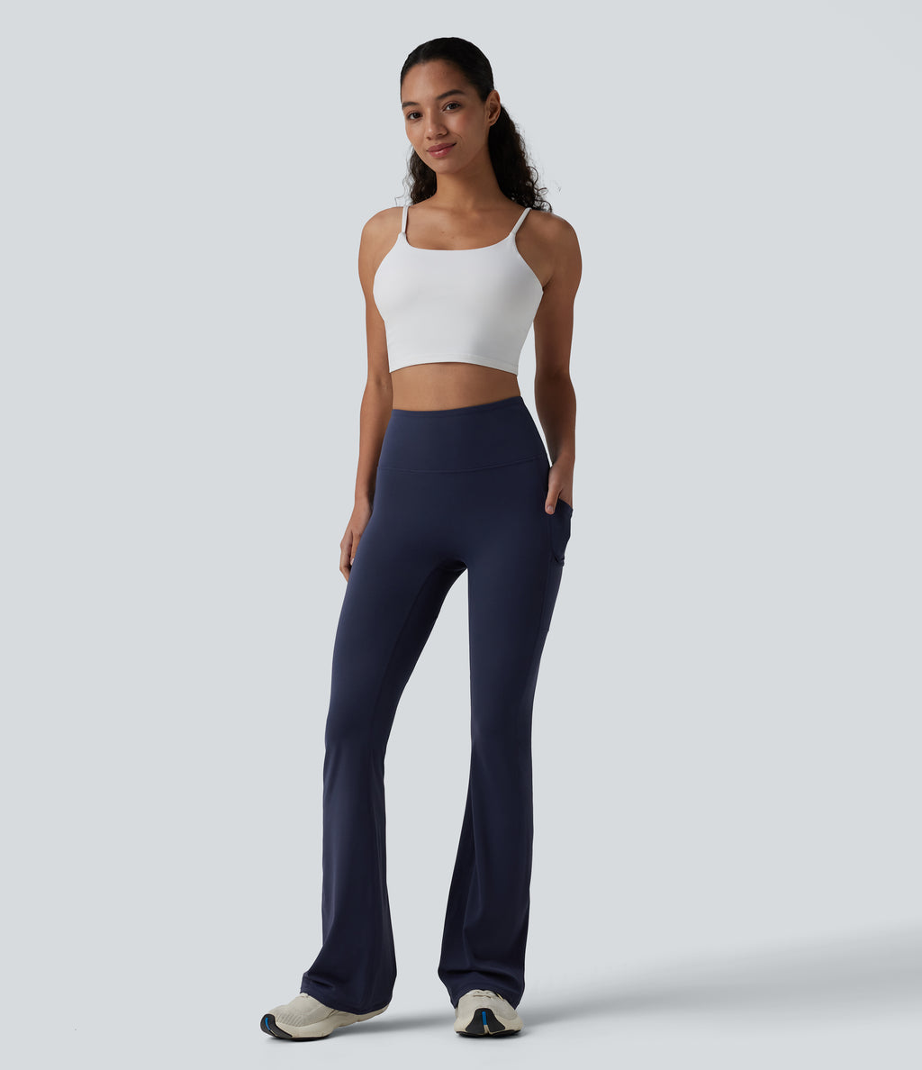 High Waisted Bootcut Yoga Leggings with Pockets — Peacoat — view 7
