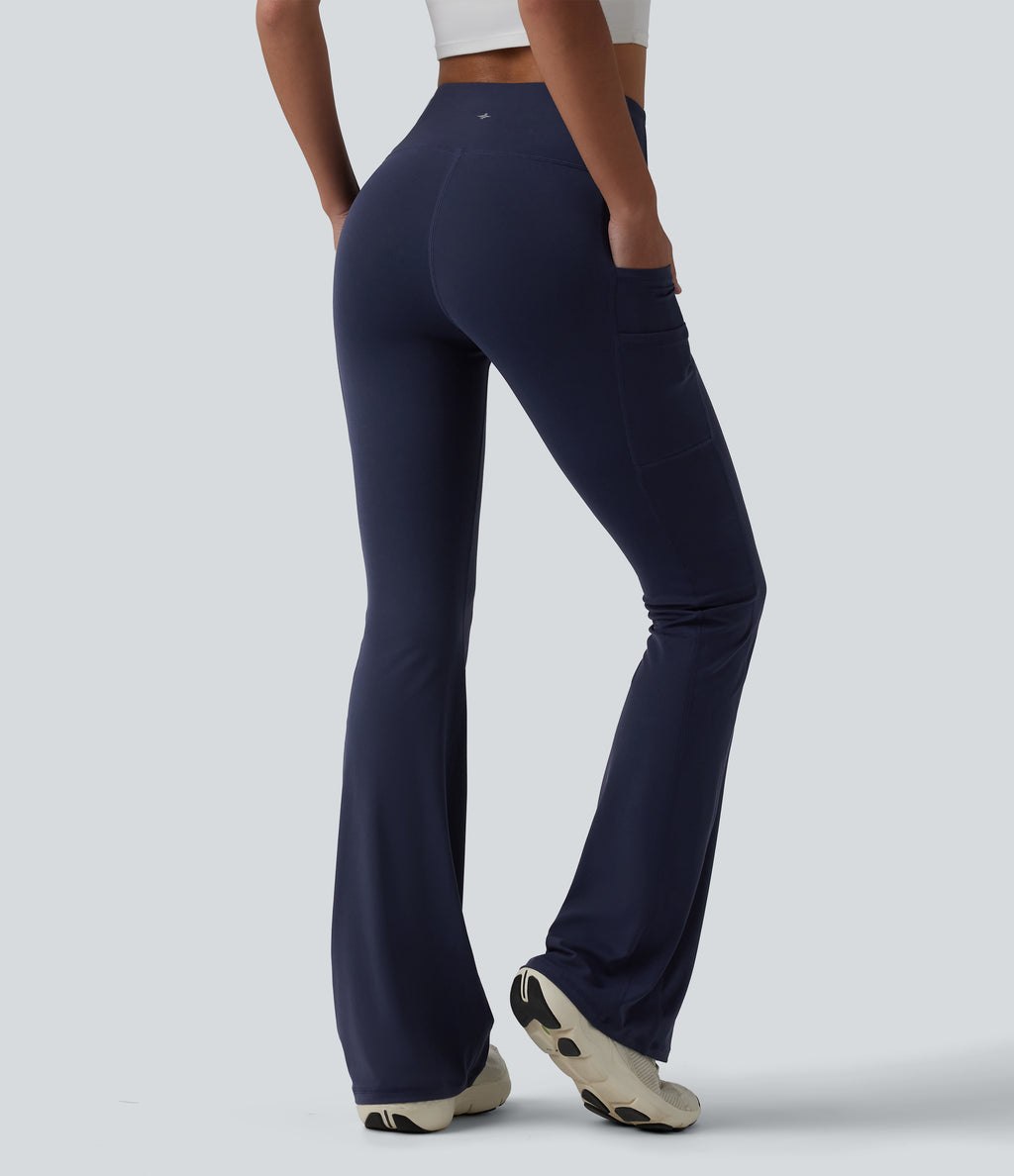 High Waisted Bootcut Yoga Leggings with Pockets — Peacoat — view 2