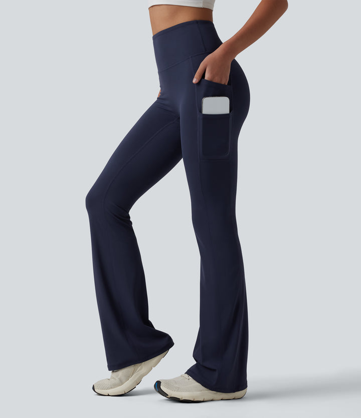 High Waisted Bootcut Yoga Leggings with Pockets — Peacoat — view 1