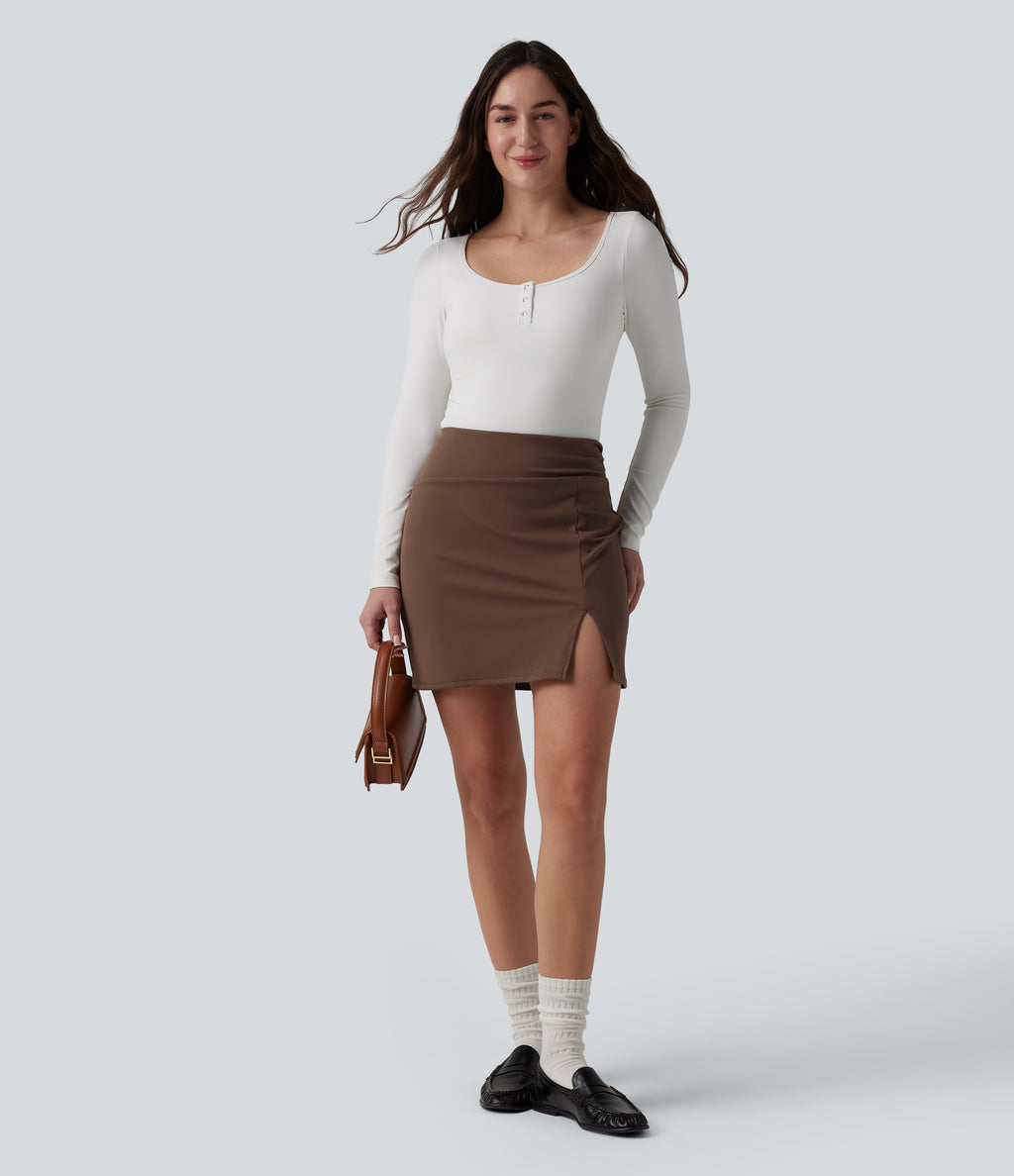 High Waisted Bodycon 2-in-1 Mini Work Skirt — Sepia — view 7