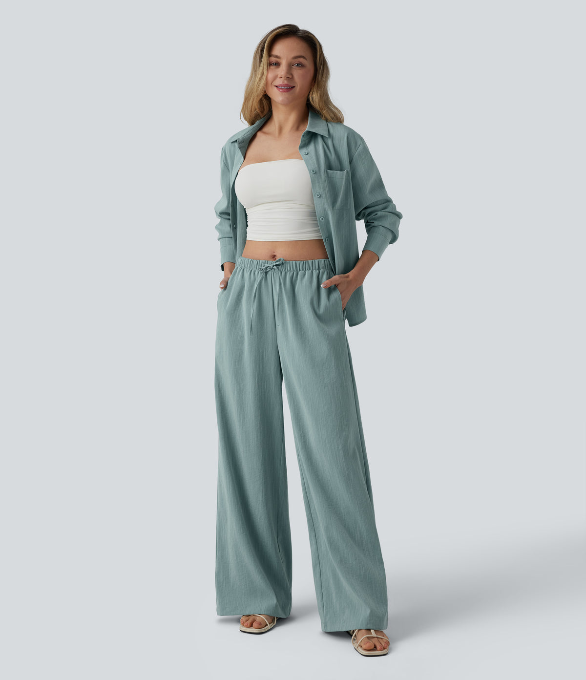 Mid Rise Drawstring Wide Leg Casual Linen-Feel Trousers with Pockets — Silverwood Sage — view 5