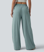Mid Rise Drawstring Wide Leg Casual Linen-Feel Trousers with Pockets — Silverwood Sage — view 2