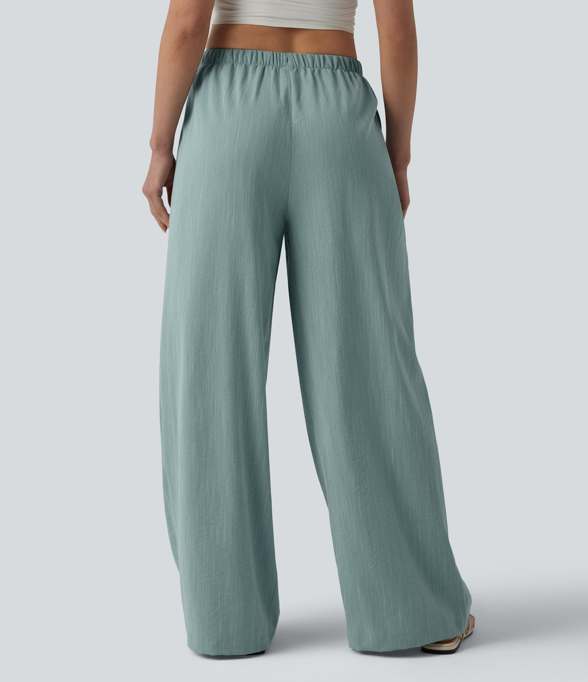Mid Rise Drawstring Wide Leg Casual Linen-Feel Trousers with Pockets — Silverwood Sage — view 2