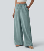 Mid Rise Drawstring Wide Leg Casual Linen-Feel Trousers with Pockets — Silverwood Sage — view 1