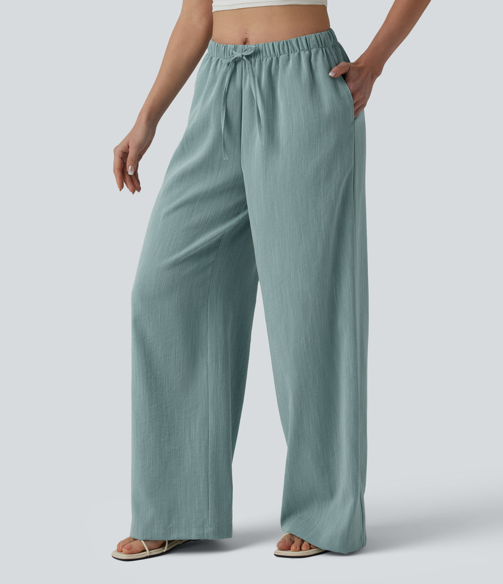 Mid Rise Drawstring Wide Leg Casual Linen-Feel Trousers with Pockets — Silverwood Sage — view 3