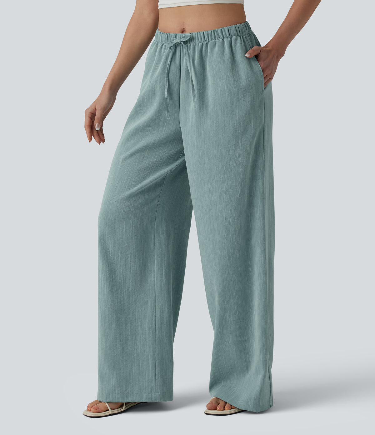 Mid Rise Drawstring Wide Leg Casual Linen-Feel Trousers with Pockets — Silverwood Sage — view 3