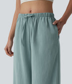 Mid Rise Drawstring Wide Leg Casual Linen-Feel Trousers with Pockets — Silverwood Sage — view 4