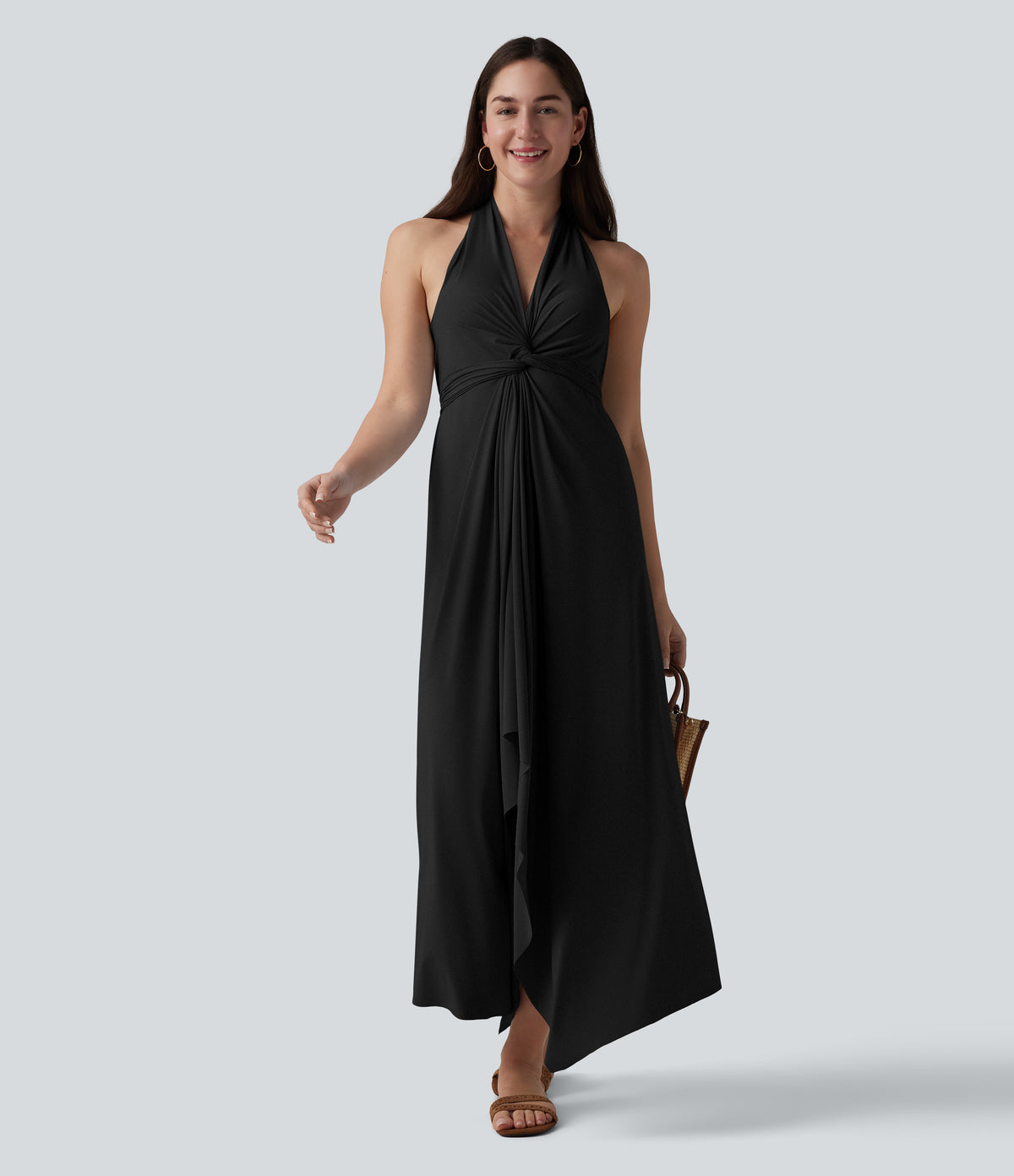 V Neck Tie Back Maxi Dress — Black — view 1