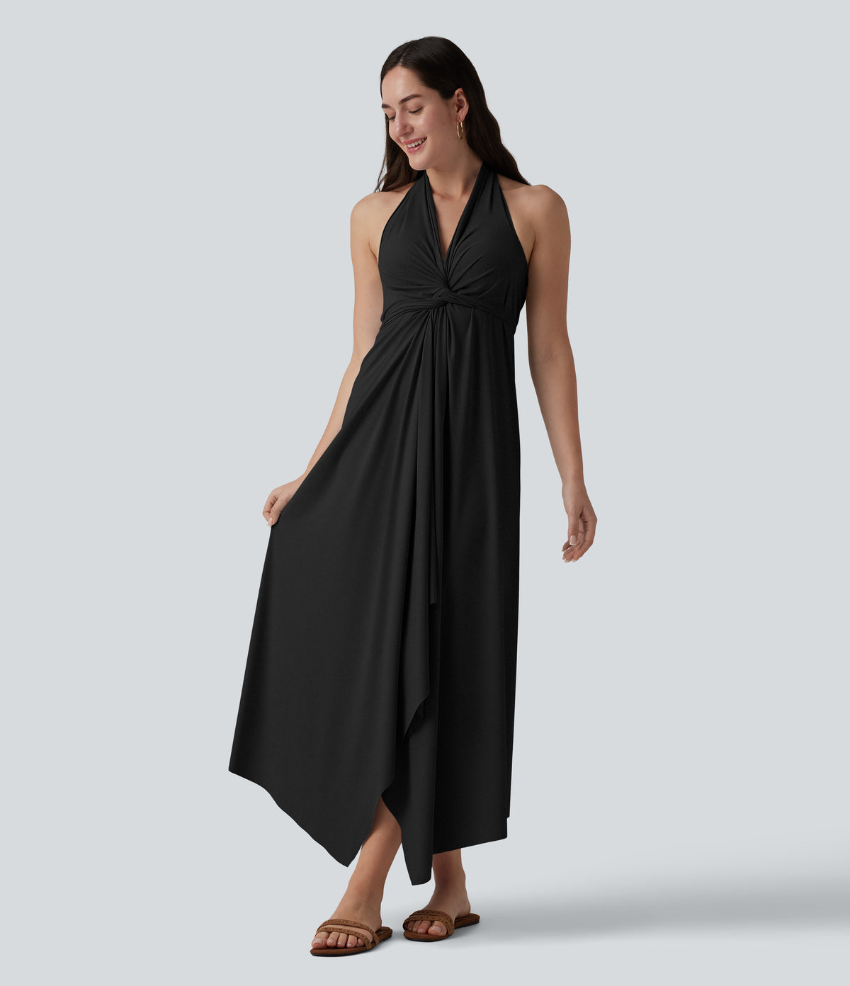 V Neck Tie Back Maxi Dress — Black — view 2