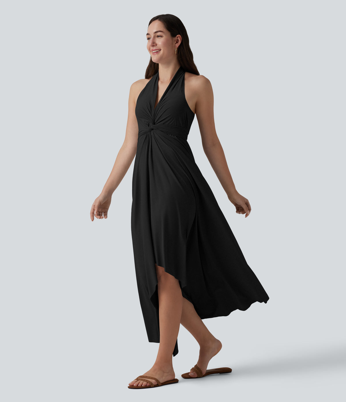 V Neck Tie Back Maxi Dress — Black — view 3