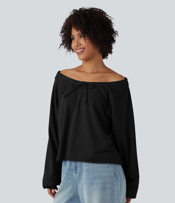 Off Shoulder Long Sleeve Casual Sweatshirt — Black — view 7
