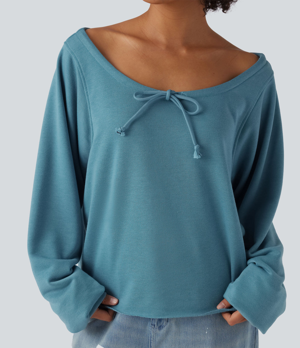 Off Shoulder Long Sleeve Casual Sweatshirt — Adriatic Blue — view 4