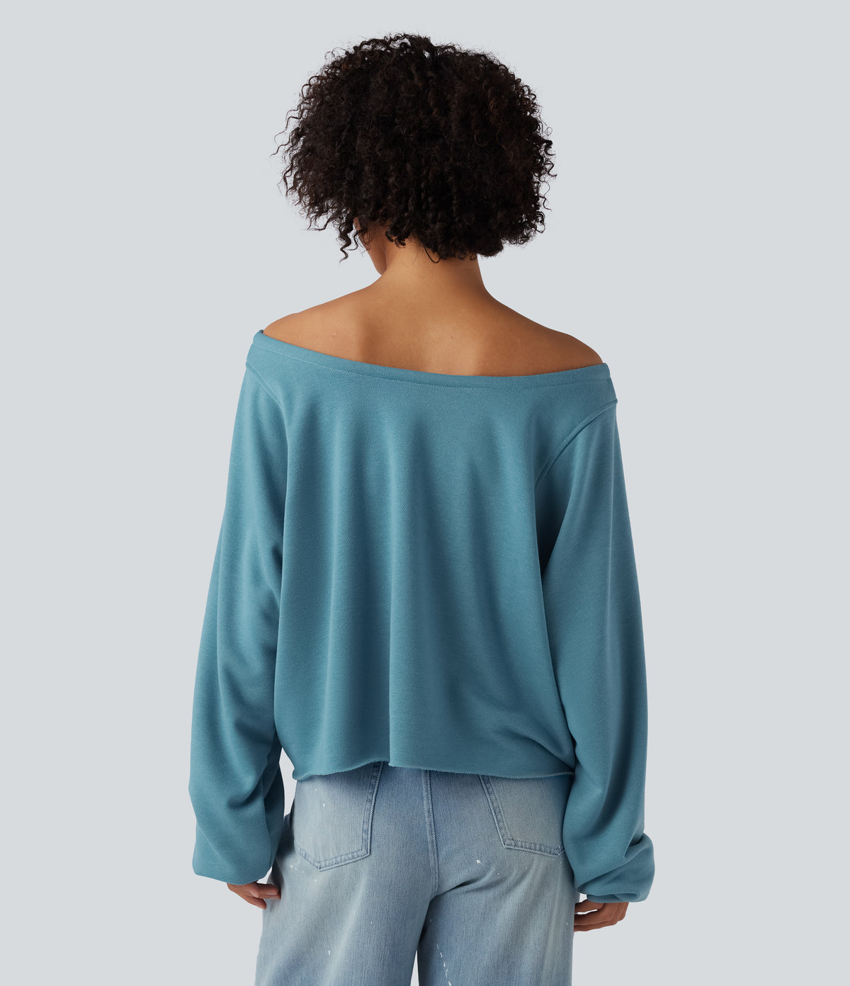 Off Shoulder Long Sleeve Casual Sweatshirt — Adriatic Blue — view 2