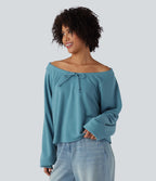 Off Shoulder Long Sleeve Casual Sweatshirt — Adriatic Blue — view 3