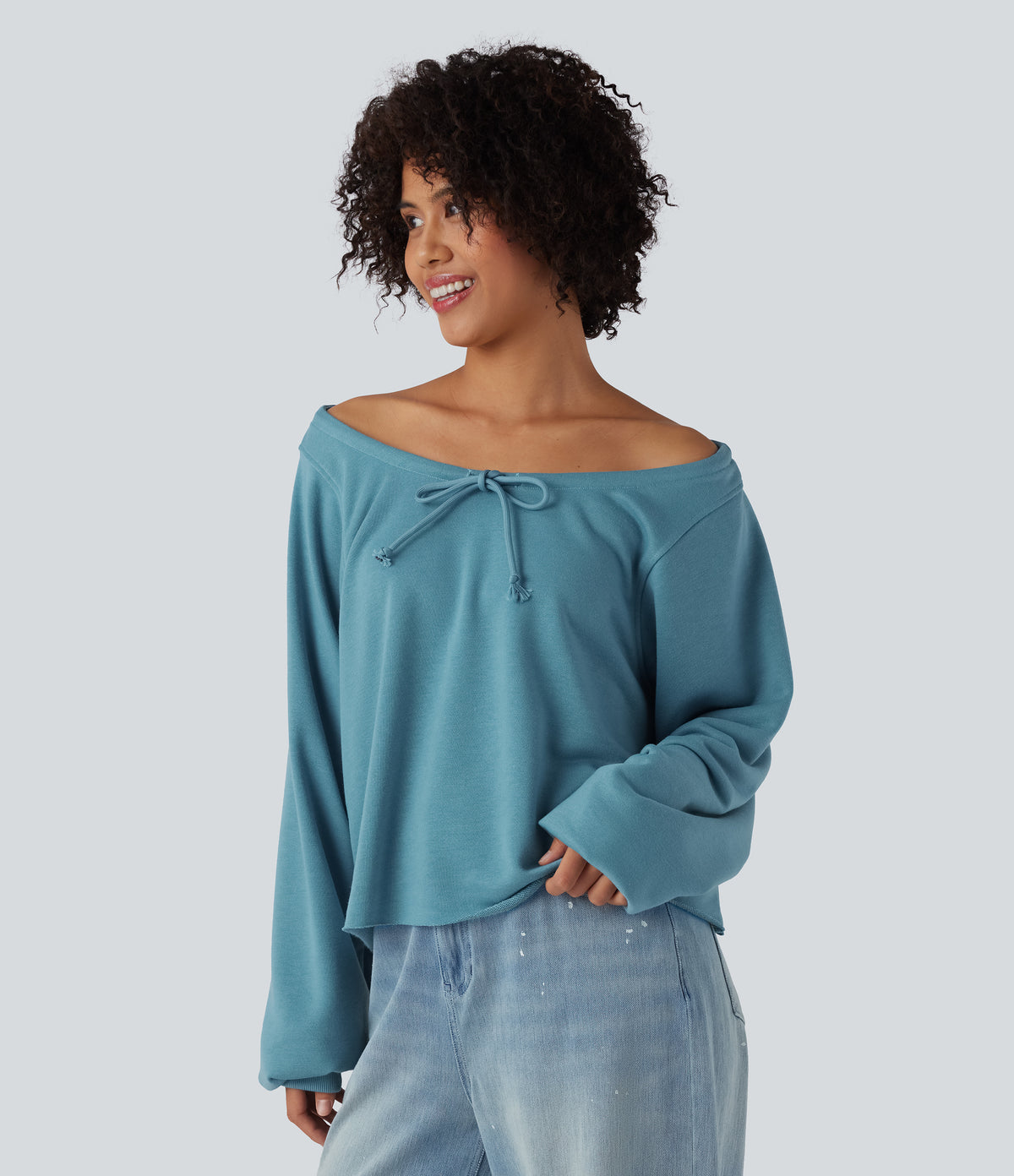 Off Shoulder Long Sleeve Casual Sweatshirt — Adriatic Blue — view 3